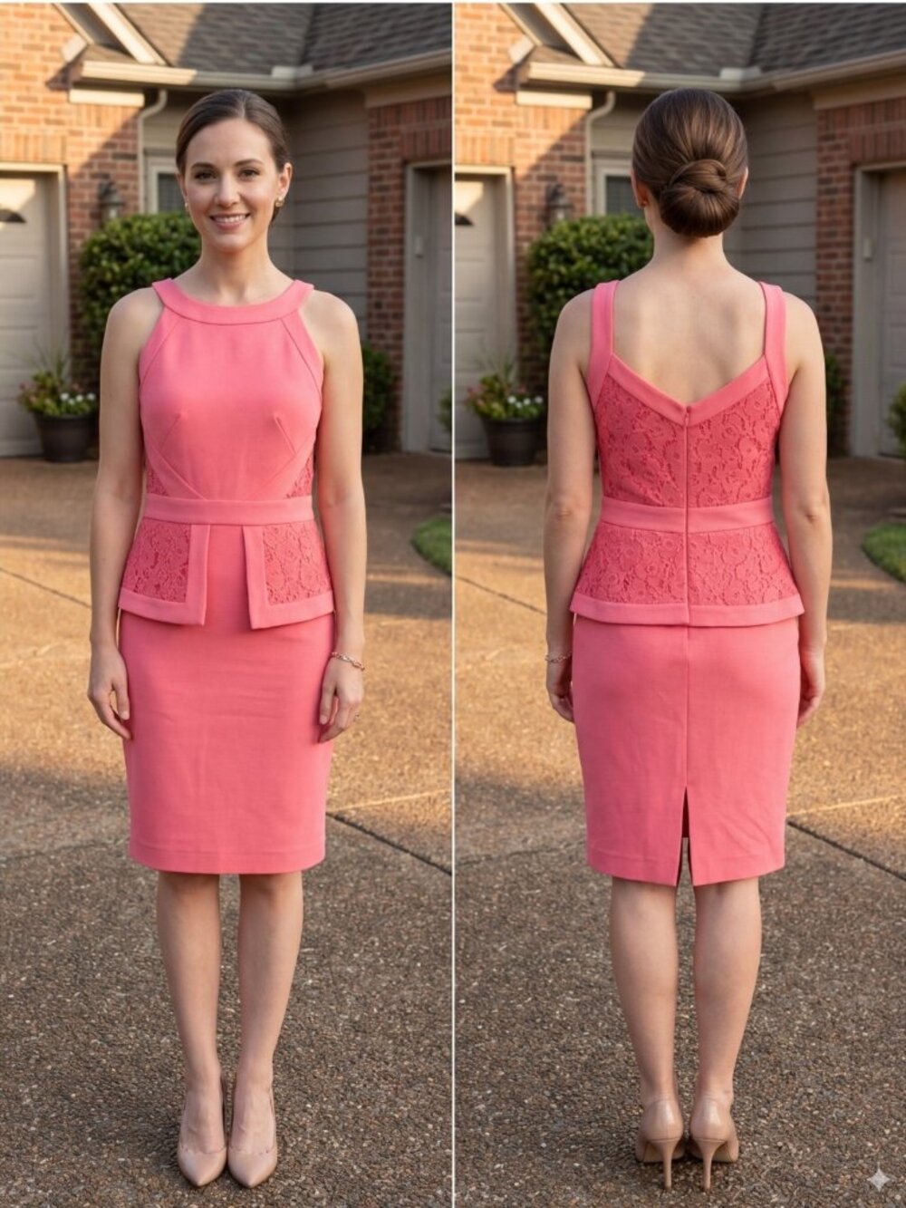 Antonio Melani Pink Peplum Lace Sheath Dress Size 0 Sleeveless Cocktail Evening